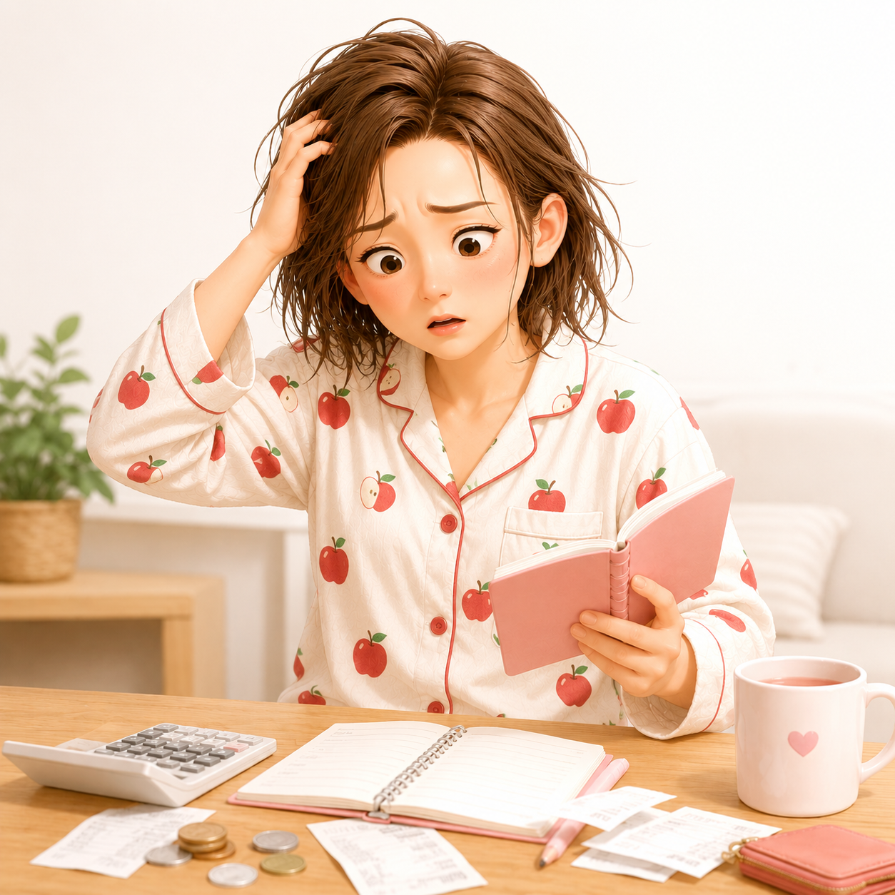 家計簿と電卓を前に考え込むイラスト