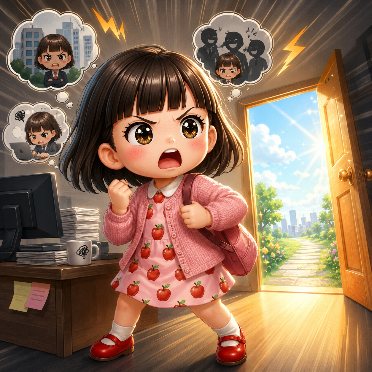 職場を飛び出して自由への扉に向かうイラスト