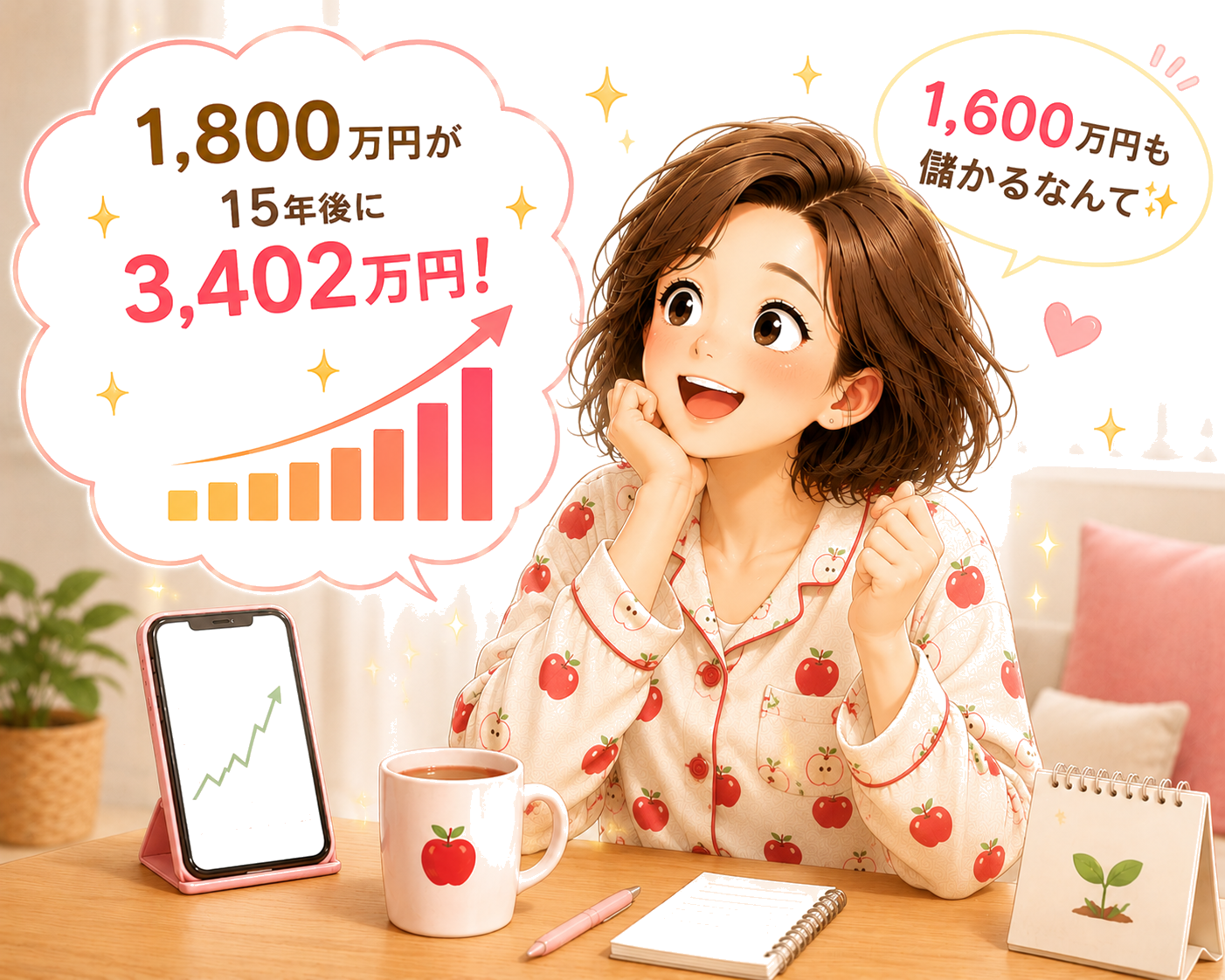 1800万円が15年後に3402万円になって驚く女性のイラスト