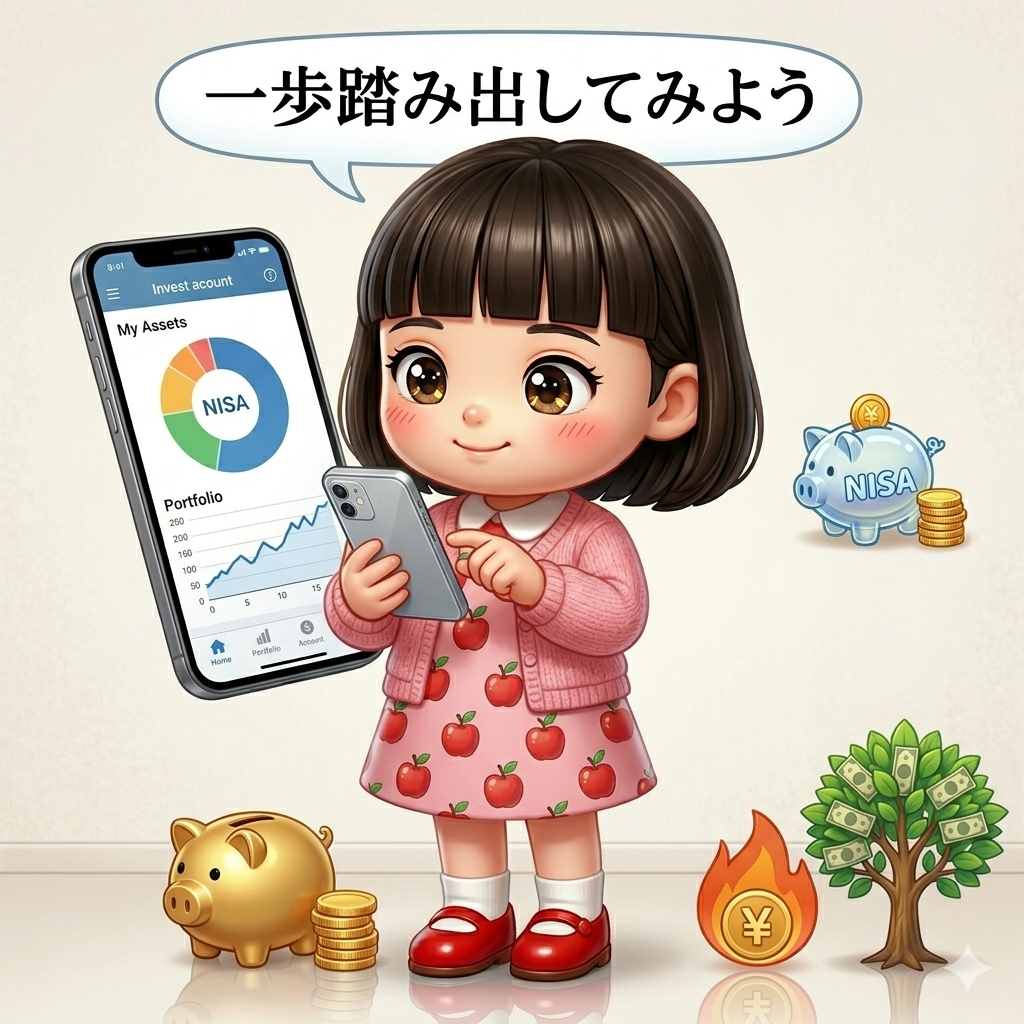 スマホで資産管理して一歩踏み出すイラスト