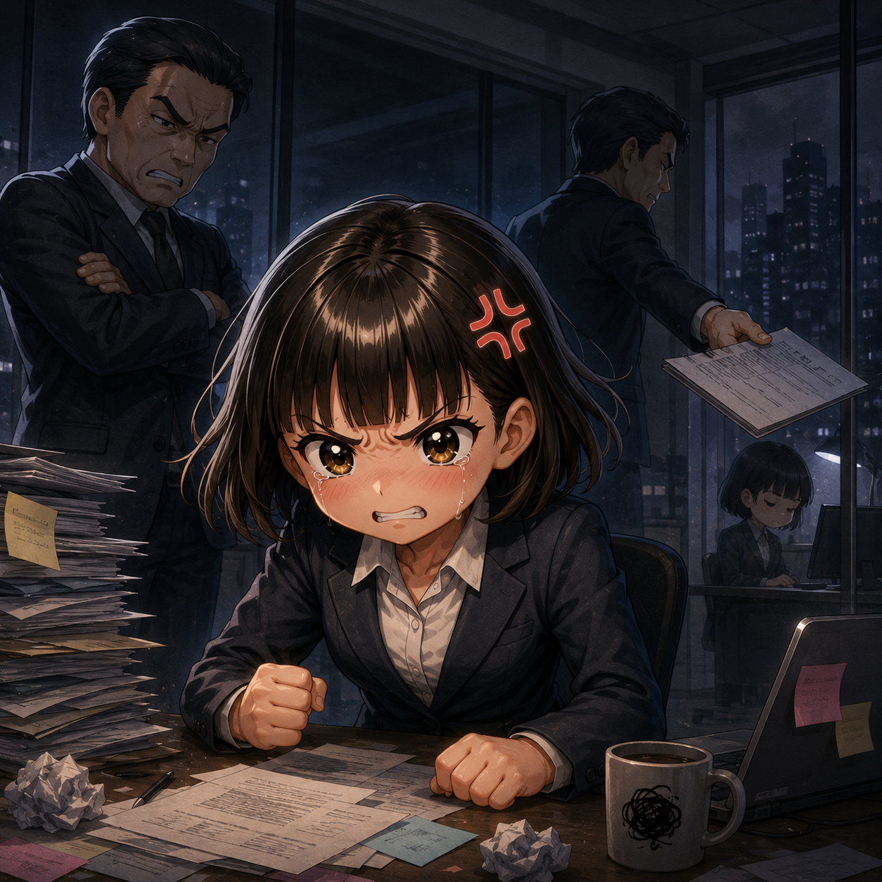 職場で怒りをこらえるイラスト