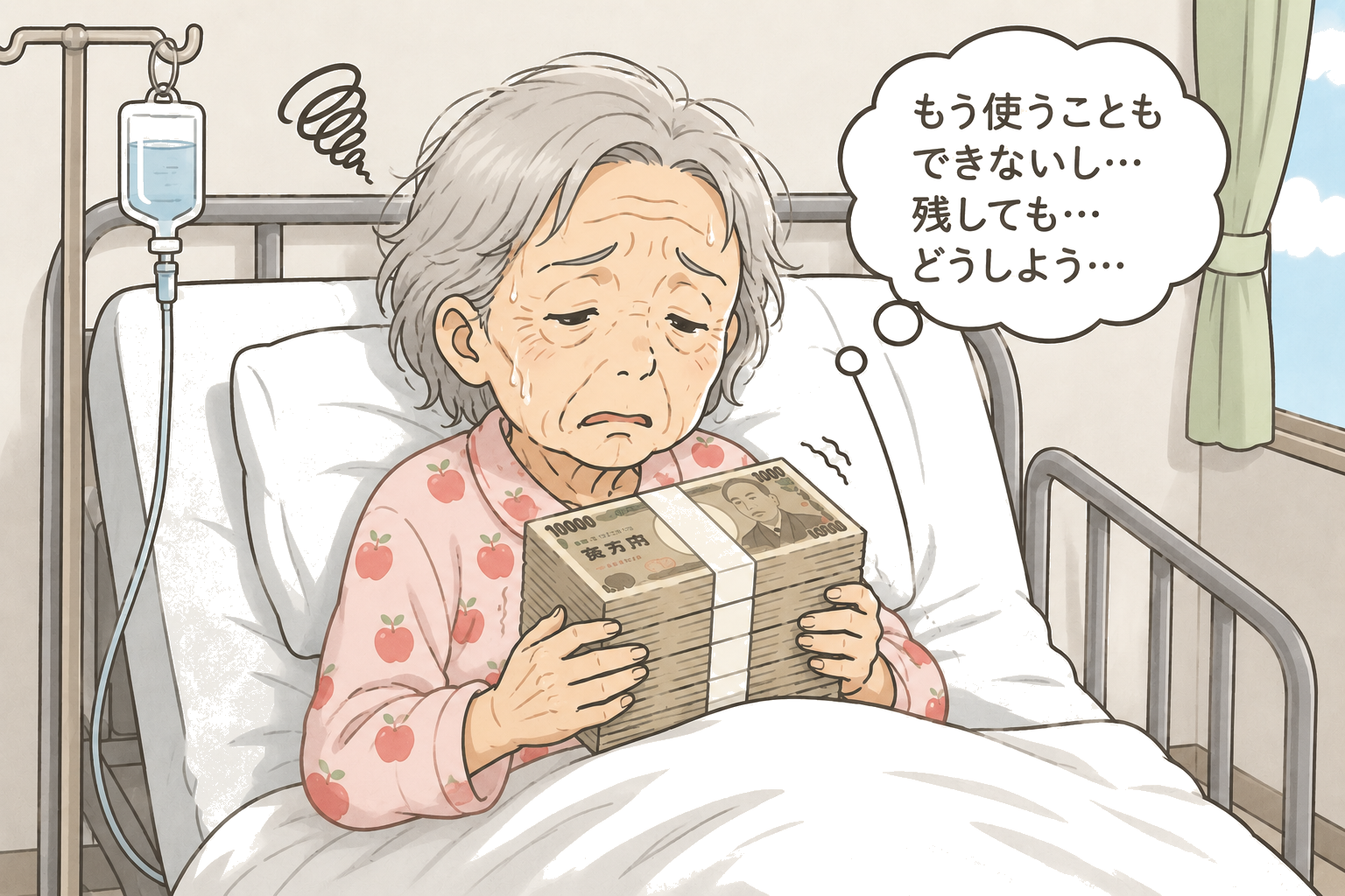 病院のベッドでお金を持ち途方に暮れる老女のイラスト